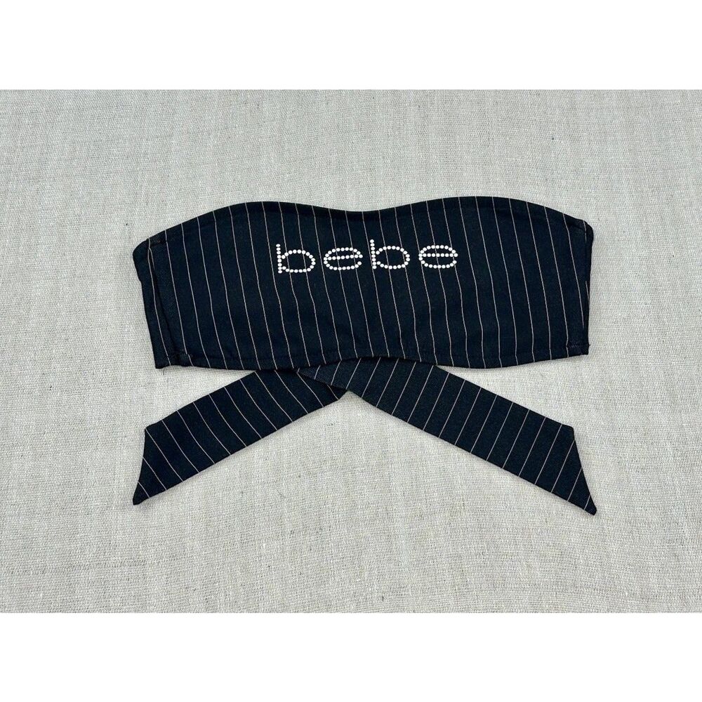 Vintage Bebe Pinstripe Tie Back Tube Top Women’s Large Black Strapless Y2K